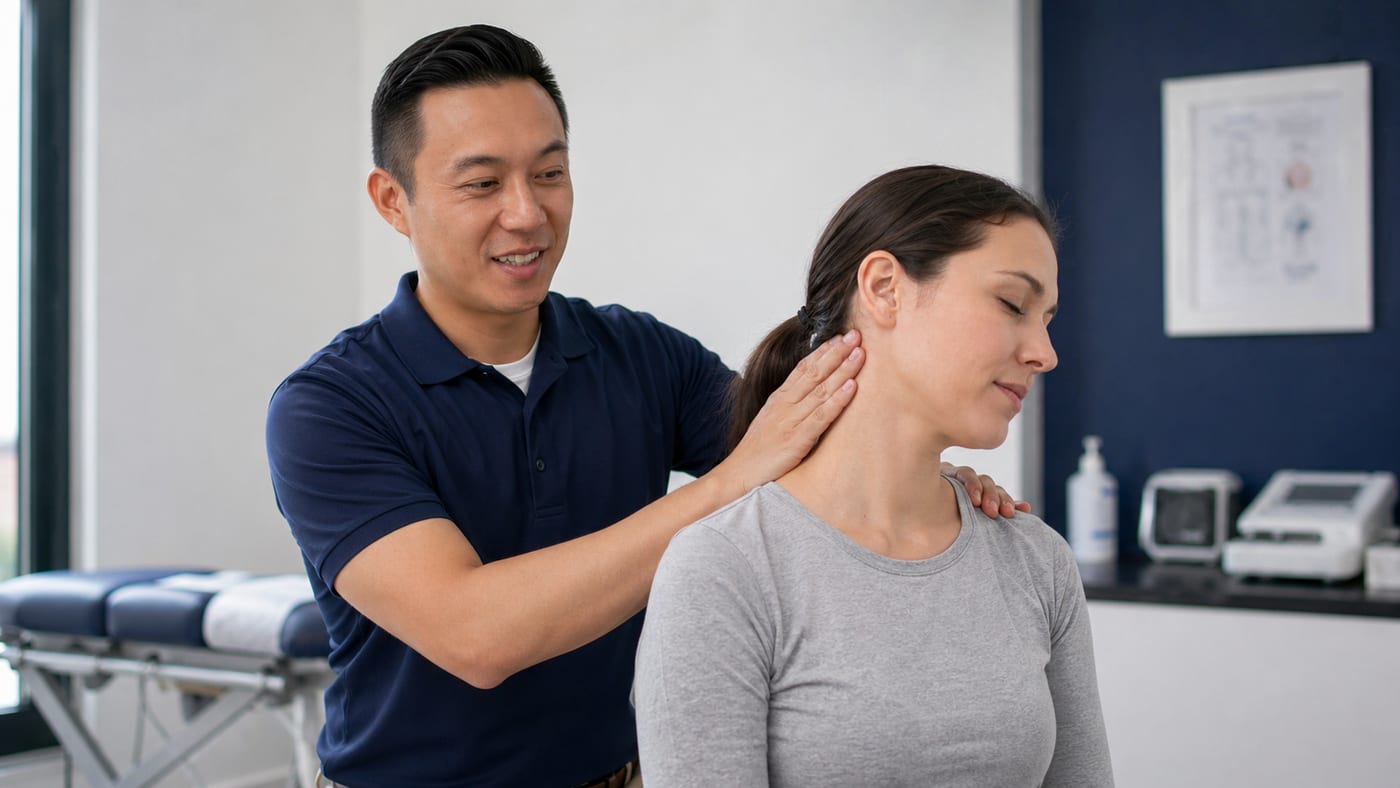 Dr. Jackson Lee performing a neck-mobility exam on a patient at Chiroport in Saint Paul